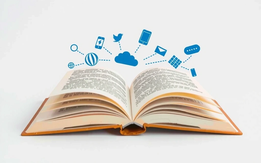 Otevřená kniha s digitálními prvky a abstraktním zobrazením znalostí