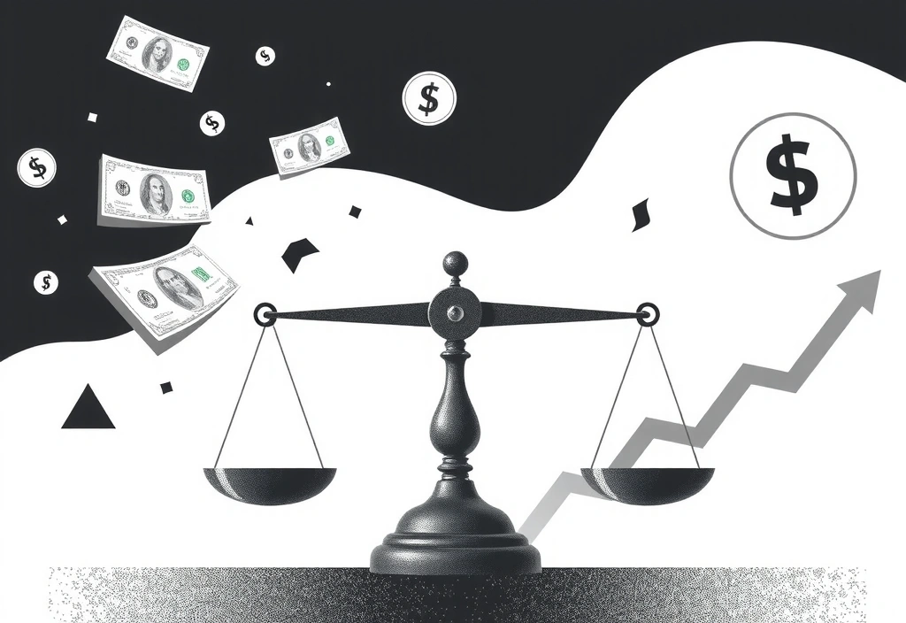 Abstraktní ilustrace cenotvorby a hodnoty, s váhami a symboly měn