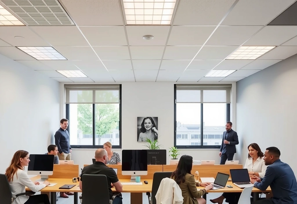 Ilustrace moderního kancelářského interiéru s lidmi pracujícími a interagujícími