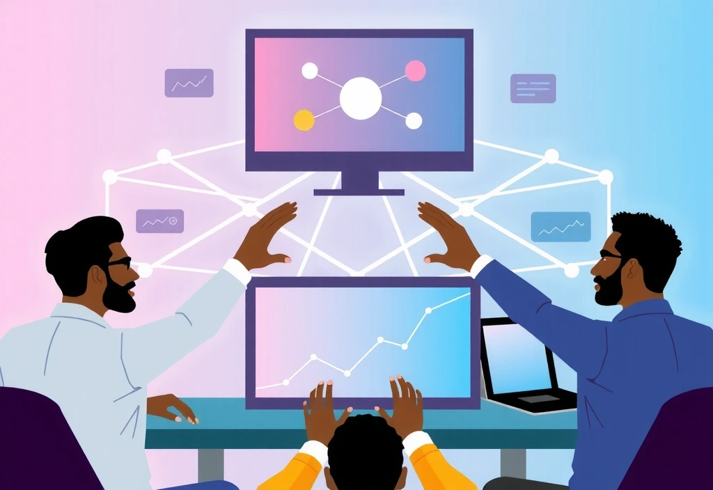 Abstraktní ilustrace týmové práce a spolupráce v digitálním prostředí