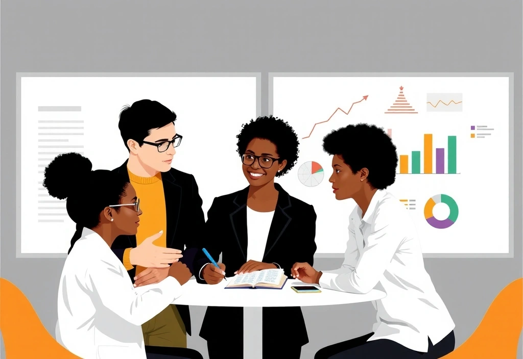 Ilustrace týmu diskutujícího o strategii s digitálními grafy v pozadí