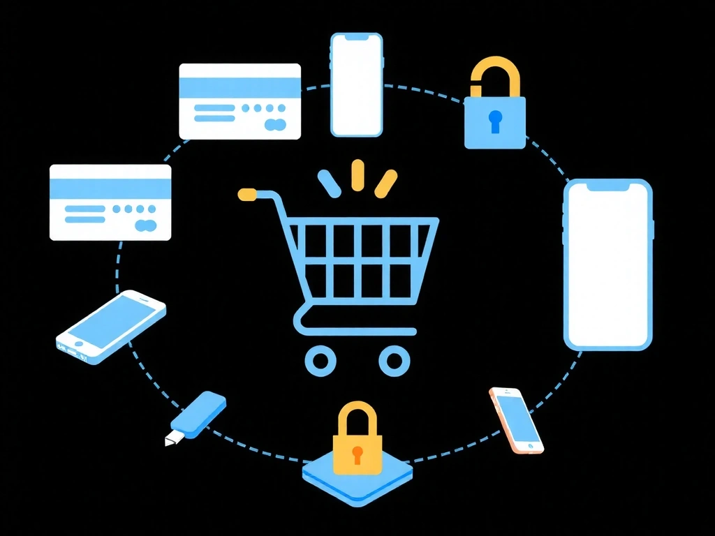 Ilustrace nákupního košíku s digitálními prvky a bezpečnými platbami